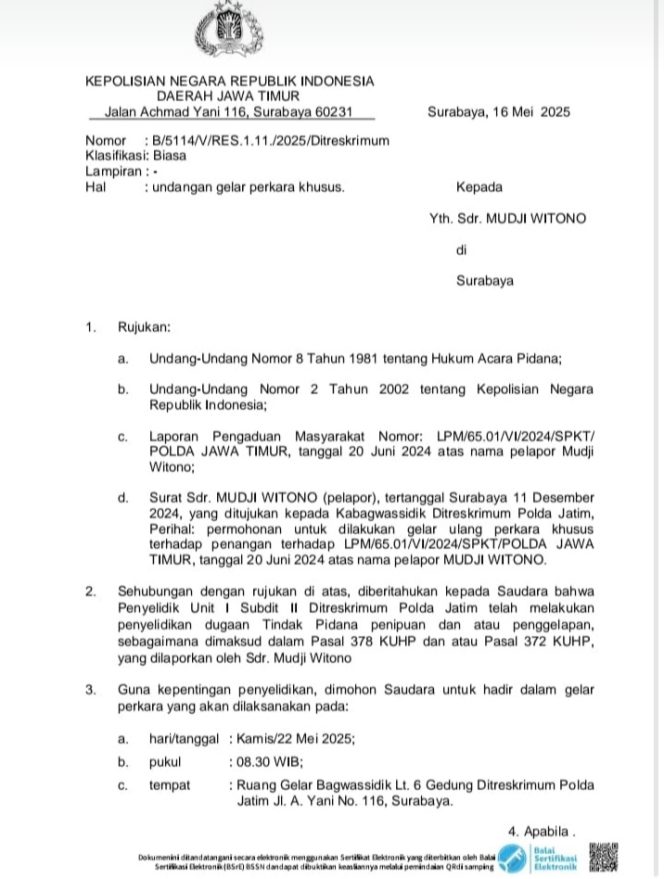 
 Laporannya di SP3, Mudji Laporkan Oknum Penyidik Ditreskrimum Polda Jatim