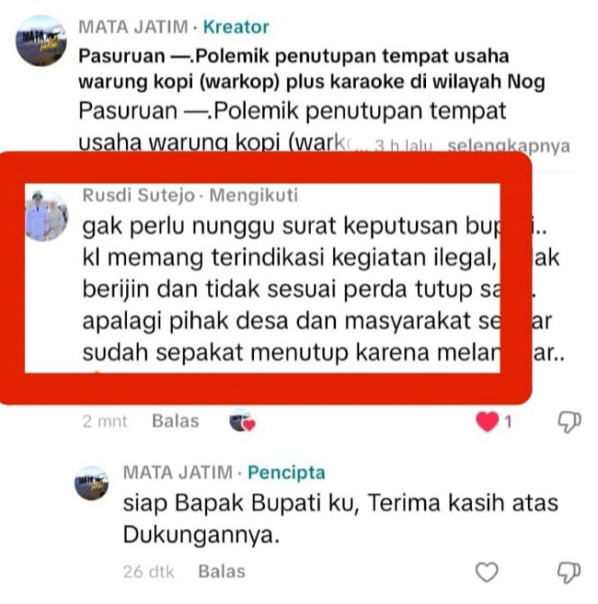 
 Melalui Platfom Media Bupati Pasuruan Perintahkan Tutup Warkop Plus Karaoke di Wilayah Nogosari