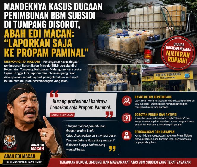 
 Mandeknya Kasus Dugaan Penimbunan BBM Subsidi di Tumpang Disorot, Abah Edi Macan: “Laporkan Saja ke Propam Paminal”