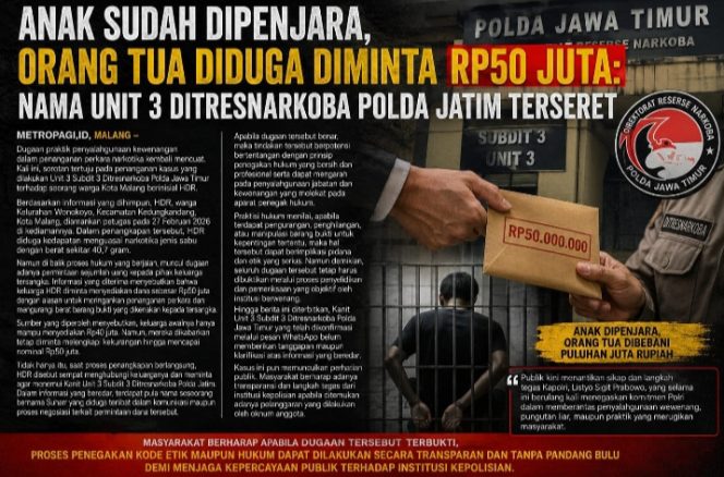 
 Anak Sudah Dipenjara, Orang Tua Diduga Diminta Rp50 Juta: Nama Unit 3 Ditresnarkoba Polda Jatim Terseret
