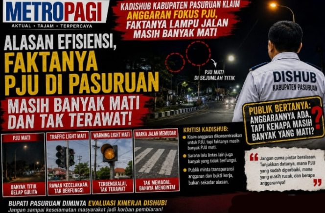 
 DISHUB KAB. PASURUAN DISOROT, PJU DIKLAIM JADI PRIORITAS, TAPI DI LAPANGAN MASIH BANYAK YANG MATI